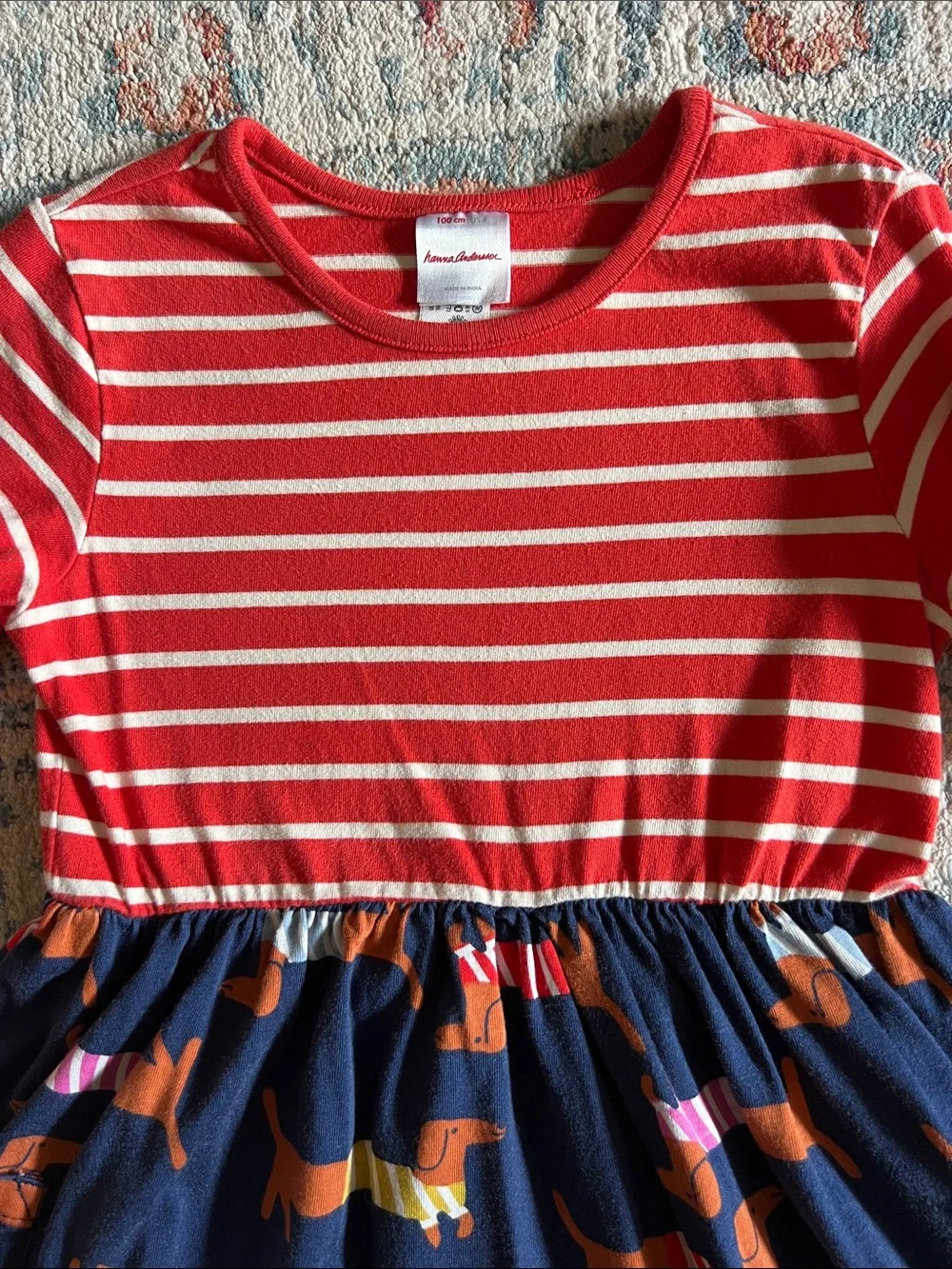 Hanna Andersson Red and White Striped Top Navy Dachshund Print Dress